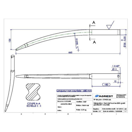 DENT DE FOURCHE Ø35 LG 665 COURBEE PERCEE Ø11 E