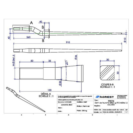 DENT DE FOURCHE Ø36 LG 910 M24X1.5 PROFIL CAR