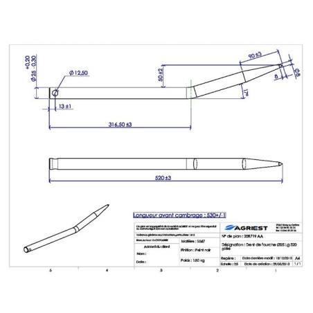 Ø25 LG 520 CON DIENTE DE HORQUILLA DOBLADO PERFORADO EN Ø12.5