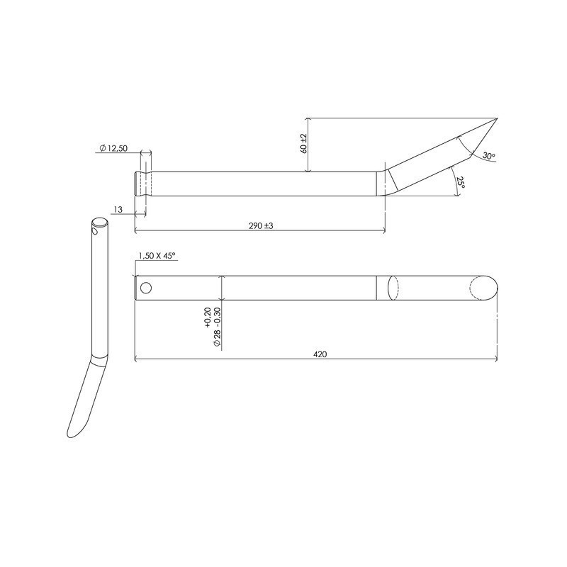 Ø28 LG 420 CON DIENTE DE HORQUILLA CURVADO PERFORADO EN Ø12.5