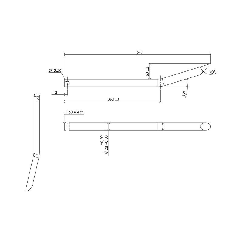 DENTE DELLA FORCELLA Ø28 LG 550 CURVATO FORATO Ø12.5