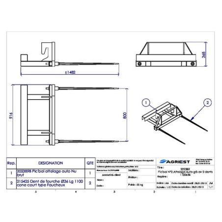PIC'BAL N°2 ATTELAGE AUTO GRIS AV 2 DENTS 110 00X36