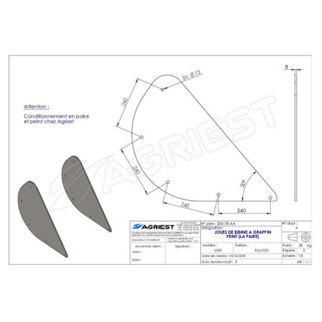 JOUES DE BENNE A GRAPPIN EP 8 mm PEINT (LA PA AIRE)
