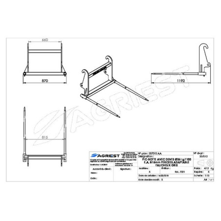 PIC'BAL FAUCHEUX GRIS AVEC 2 DENTS 36X1100 PE ERCE