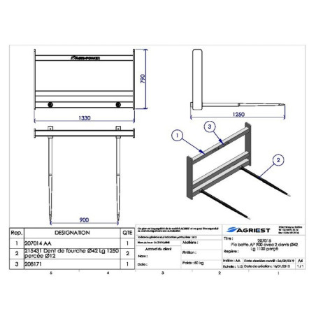 PIC BOTTE AP 900 AVEC 2 DENTS Ø42 LG 1200 PER RCE