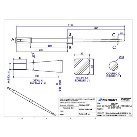 DENTE DELLA FORCELLA Ø36 LG 1100 M20X1.5 CL PROFILO QUADRATO