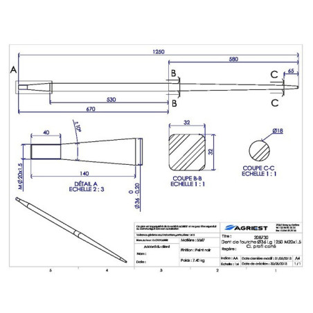 DENT DE FOURCHE Ø36 LG 1250 M20X1.5 CL PROFIL CARRE