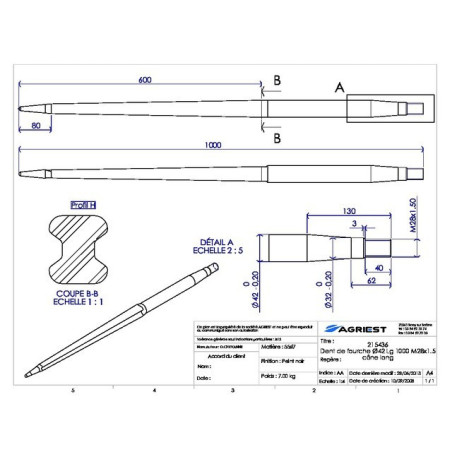 DIENTE DE HORQUILLA Ø42 LG 1000 M28X1.5 CL PERFIL