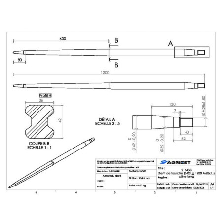 GABELZAHN Ø42 LG 1200 M28X1,5 CL PROFIL
