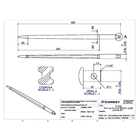 VORKTAND Ø35/22 LG 820 BORING Ø11 PROF