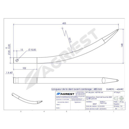 DENTE DELLA FORCELLA CURVA Ø25 LG 480