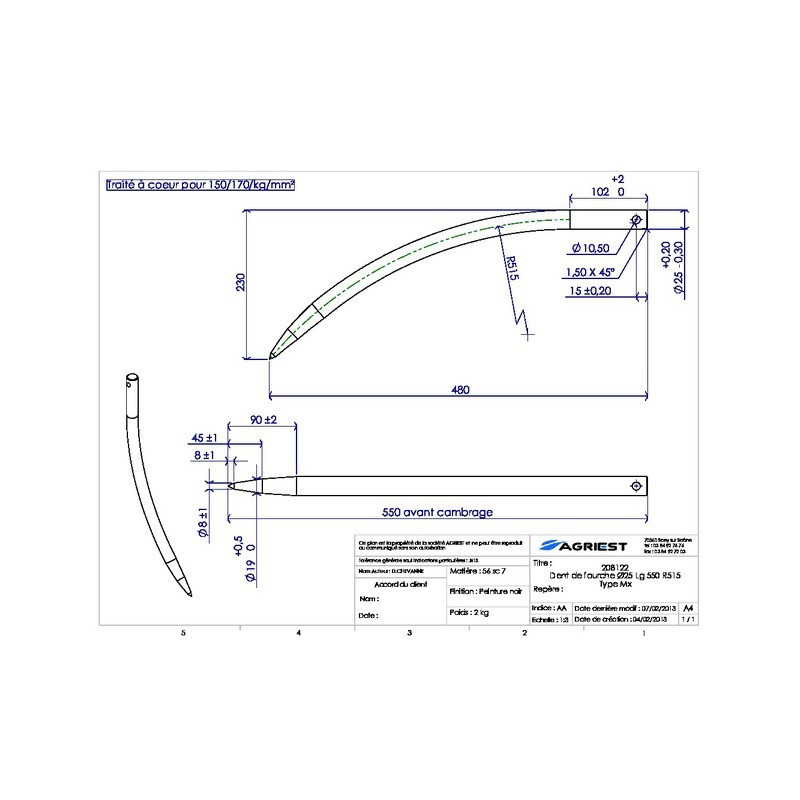 DENTE A FORCHETTA Ø25 LG 550 TIPO R515 CURVO