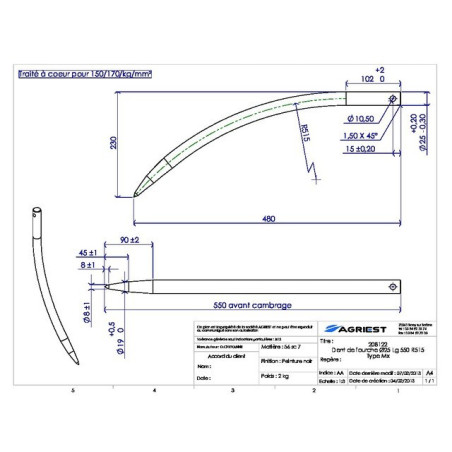 GABELZAHN Ø25 LG 550 GEBOGENER R515-TYP