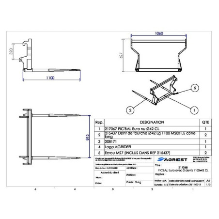 PIC'BAL EURO AVEC 2 DENTS 1100X42 CL SP JOHN DEERE