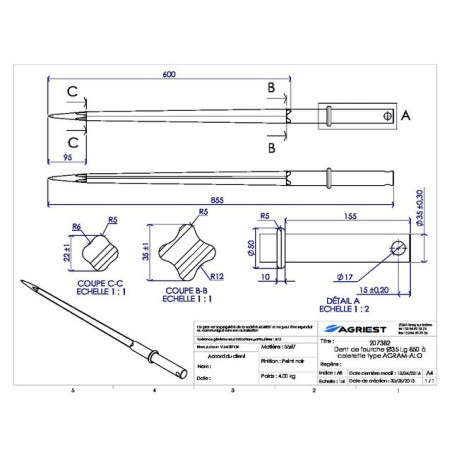 DENTE A FORCELLA Ø35 LG 850 CON COLLARE TIPO A