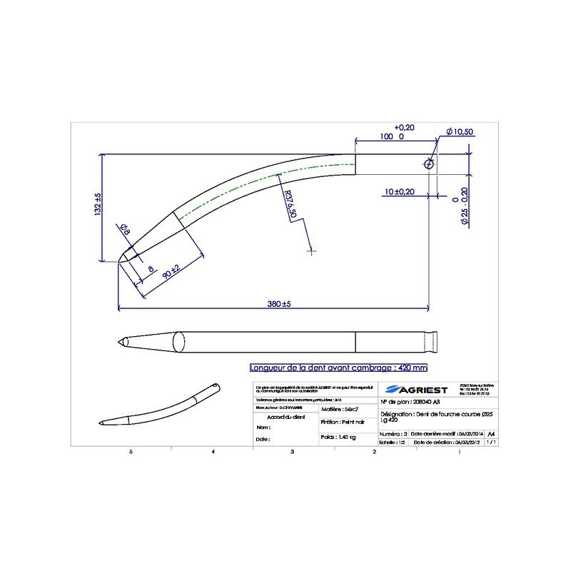 DENT DE FOURCHE Ø25 LG 420 COURBEE SP GRIFFE ALL