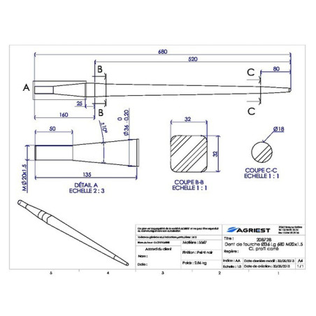 GABELZAHN Ø36 LG 680 M20X1,5 CL QUADRATPROFIL