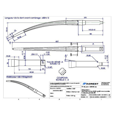 DENT DE FOURCHE Ø35/28 LG 680 COURBEE 2 MEPLA ATS PERCEE Ø8