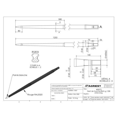PROFILO H A DENTE DELLA FORCELLA Ø45 LG 1250 M30X2 CL