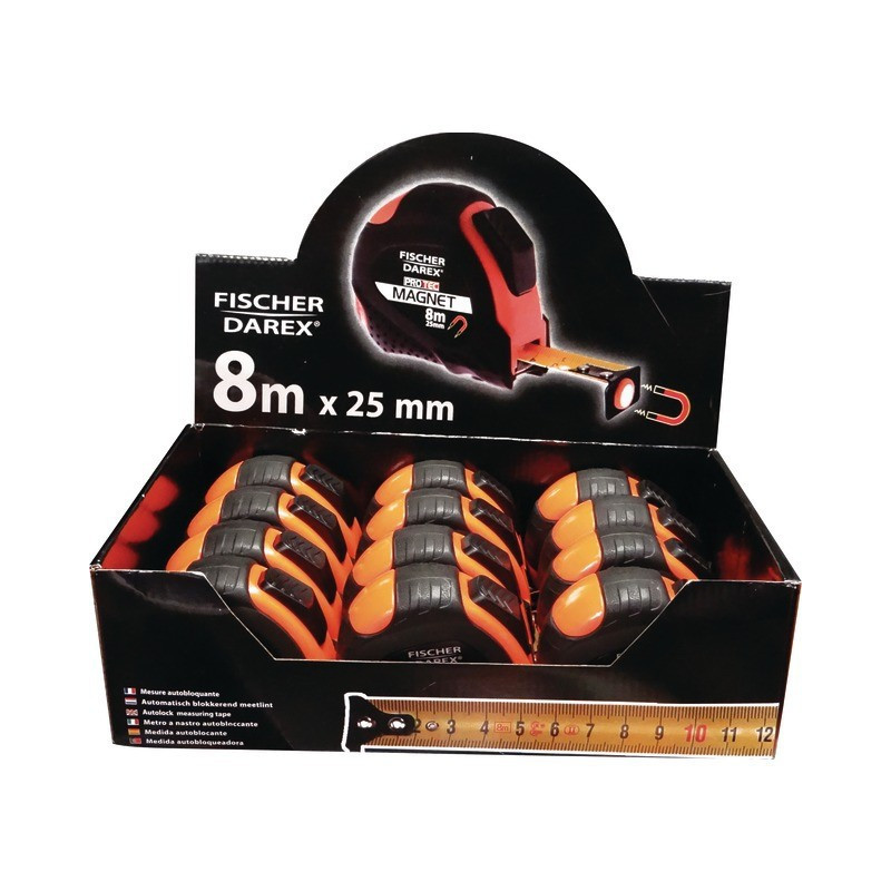 PRESENTOIR 12 METRES A RUBAN BI-MATIETRE 8 M X 25 MM AUTOBLOCANT MAGNETIQUE FISCHER DAREX