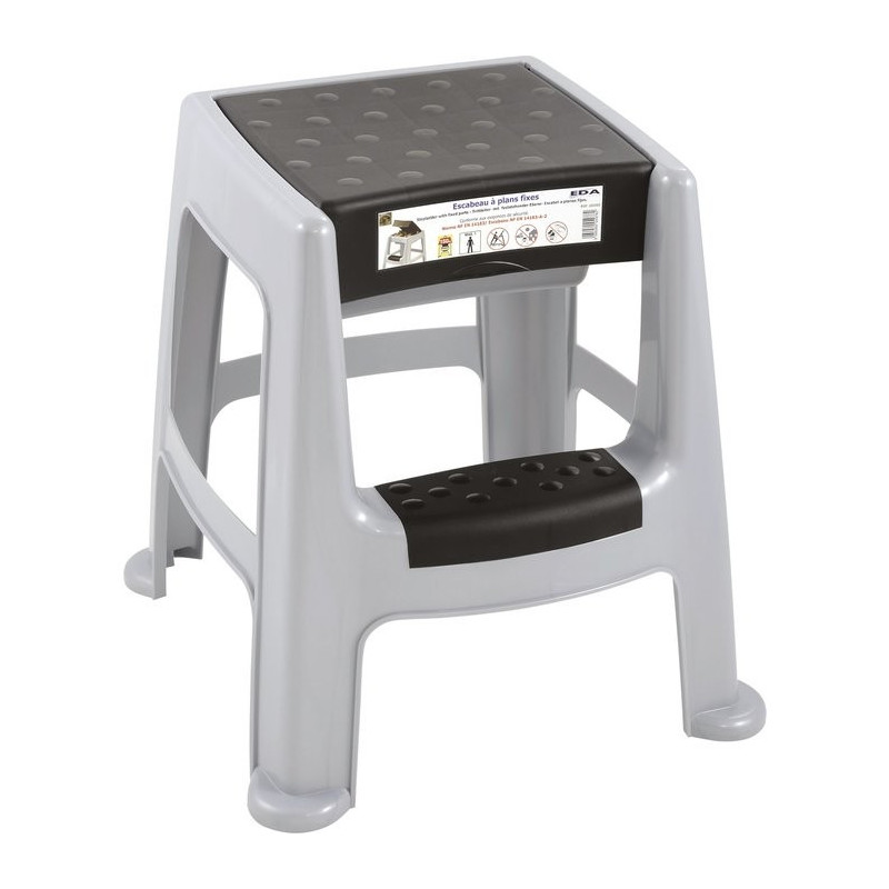 Tabouret marchepied plastique avec coffre Eda - Gris béton et noir