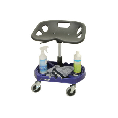 Tabouret d'atelier professionnel mobile avec hauteur réglable, assise ergonomique et rangements intégrés.