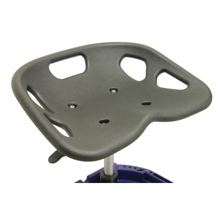 Tabouret d'atelier professionnel mobile avec hauteur réglable, assise ergonomique et rangements intégrés.