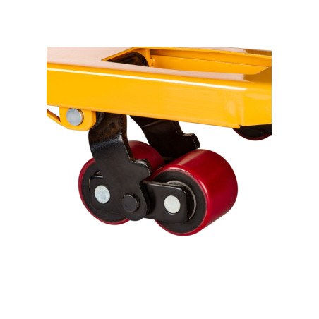 Industrial-grade steel pallet jack with dual front wheels for daily use.