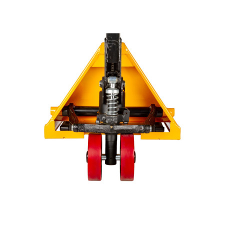 Industrial-grade steel pallet jack with dual front wheels for daily use.