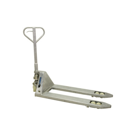 Galvanized Model Pallet Truck with Dual Wheels for Industrial Use.