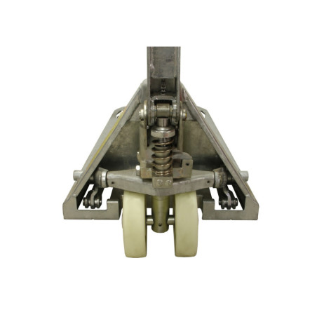 Galvanized Model Pallet Truck with Dual Wheels for Heavy-Duty Industrial Use.