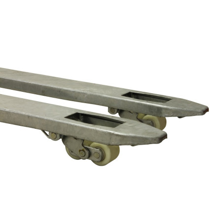 Galvanized Model Pallet Truck with Dual Wheels for Industrial Use.