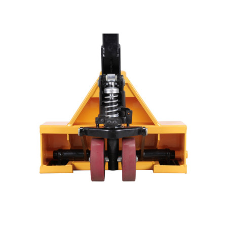 1000kg 115cm Extra Low Pallet Truck with Steel Hydraulic Pump and Polyurethane Wheels.