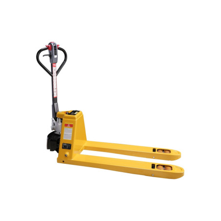 Efficient semi-electric pallet truck with manual pumping action, 2000kg capacity, and ergonomic handle.