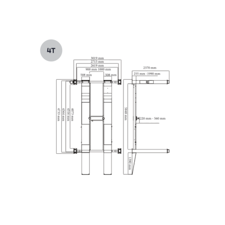 Plateforme large pour véhicules à large empattement, système hydraulique durable, cric central optionnel.
