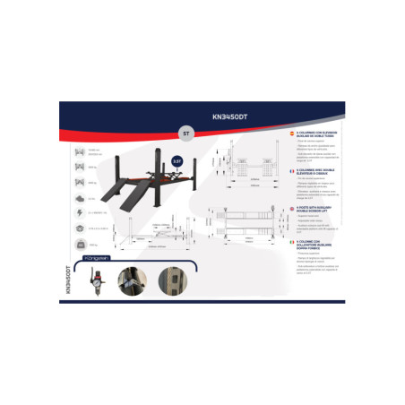 Pont élévateur 4 colonnes KN3450DT avec capacité de 3,5T et sécurité renforcée.