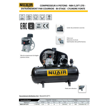 Compresseur NUAIR 5,5 CV sur cuve 270L : performance exceptionnelle pour professionnels.