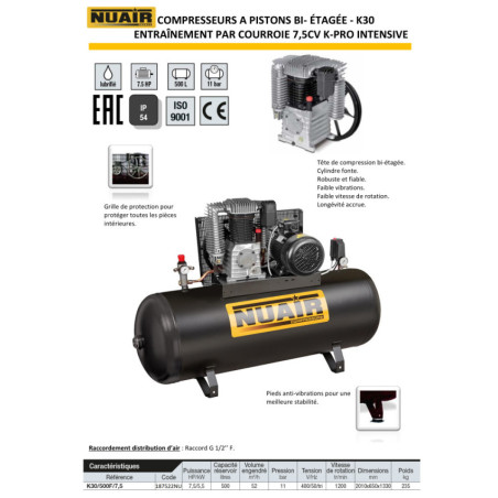 Compresseur à piston NUAIR série K-PRO Intensive 7,5 CV sur cuve 500L.