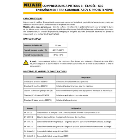 Compresseur à piston NUAIR série K-PRO Intensive de 7,5 CV sur cuve 500 L.