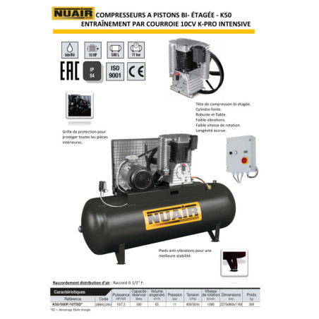 Compresseur à piston Nuair K50/500F/10SD : Performances exceptionnelles pour besoins industriels intensifs.