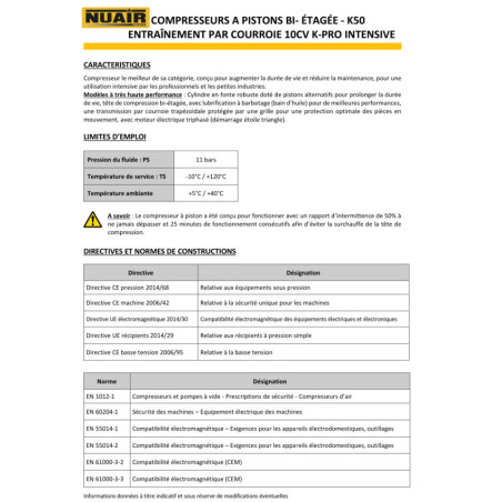 Compresseur à piston Nuair K50/500F/10SD : Performances exceptionnelles pour besoins intensifs.