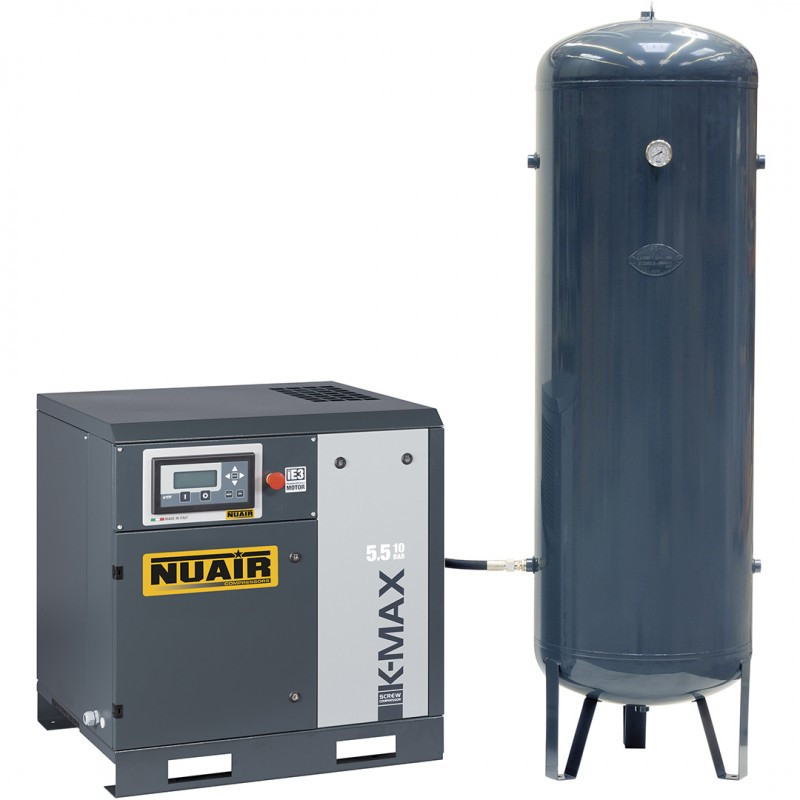Compresseur à vis 5,5 kW 7,5 CV, 10 bars avec réservoir d'air vertical.
