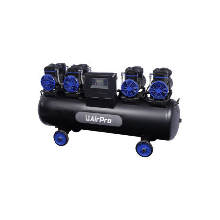 Compresseur silencieux Airpro 4x2CV, 120L, sans huile, performances optimales, durable.
