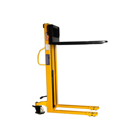 Manual scissor lift stacker with 160 cm lifting height and hydraulic system.