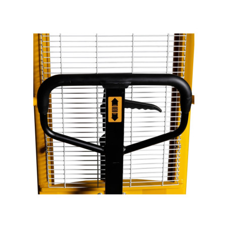 Manual scissor lift stacker with 160 cm lifting height, ideal for warehouses and workshops.