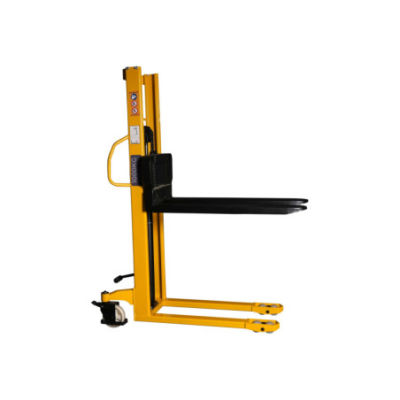 Manual scissor lift stacker with 160 cm lifting height, ideal for warehouses and workshops.