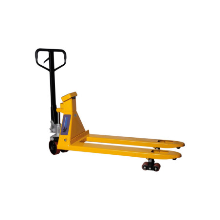Pallet truck with scale for precise weighing, low profile design, and durable construction.
