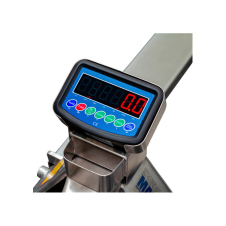 Transpalette avec balance en acier inoxydable pour applications industrielles précises.