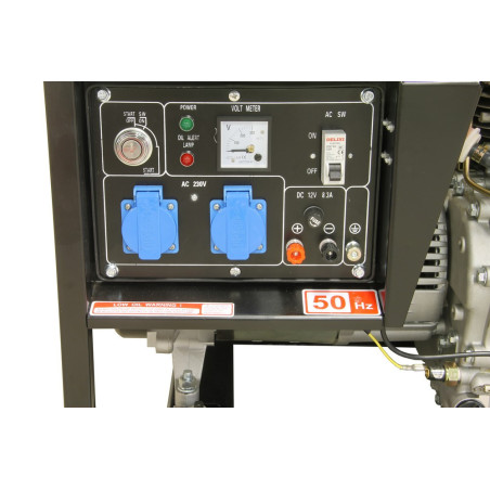 Diesel open type generator with oil protection, volt meter, and electric starter.