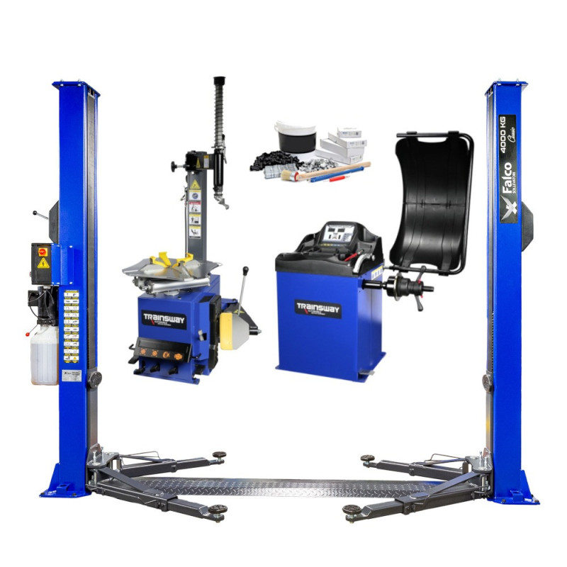 Pack garage Atelier : Machine à pneu 24" TRAINSWAY, équilibreuse 24" et pont élévateur 2 colonnes FALCO.
